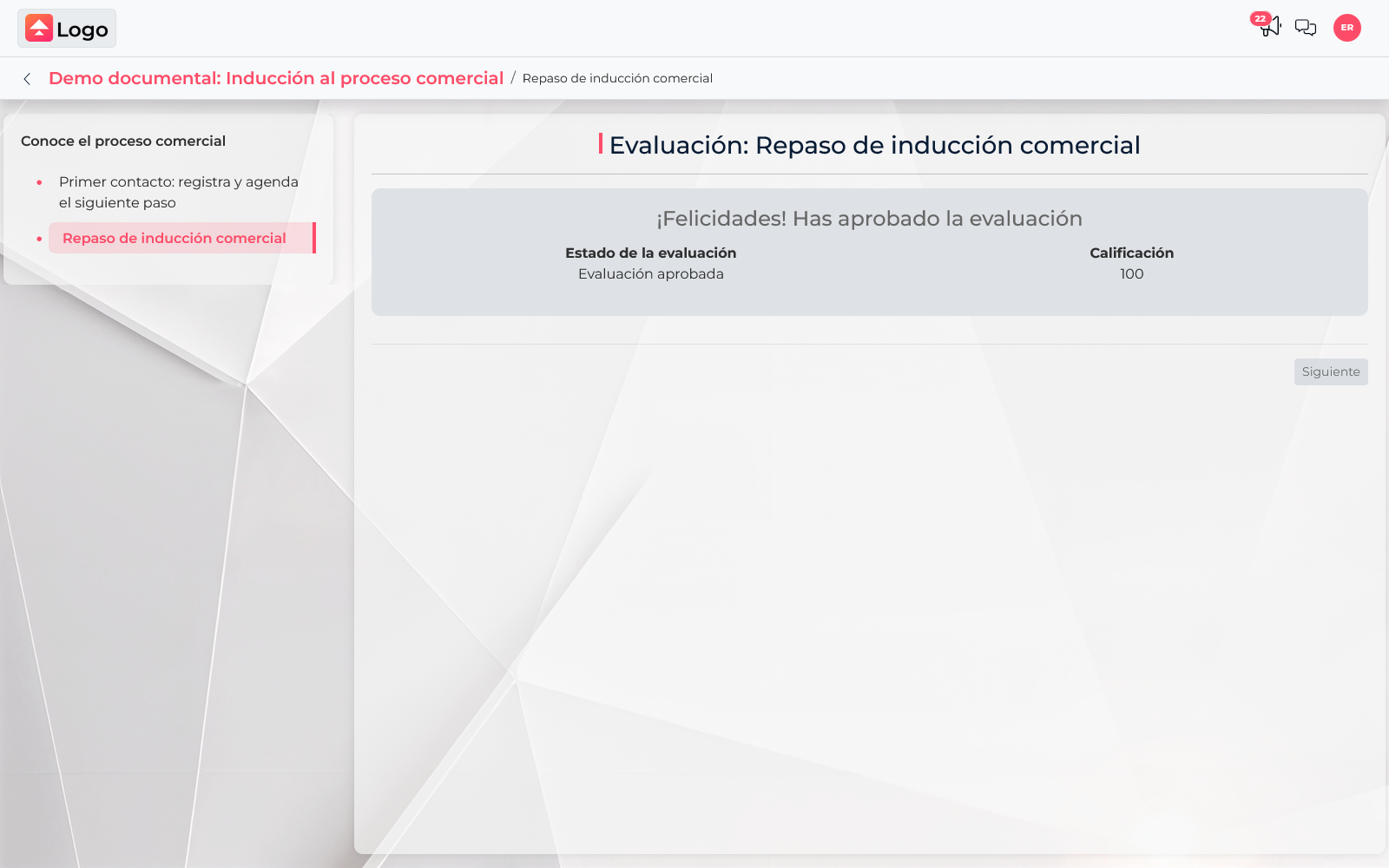 Learner result: assessment passed with a score of 100