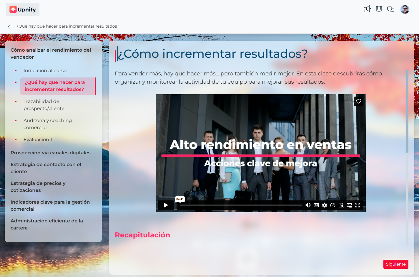 Vista del alumno del curso Demo documental: Inducci&oacute;n al proceso comercial, con secci&oacute;n y contenido inicial