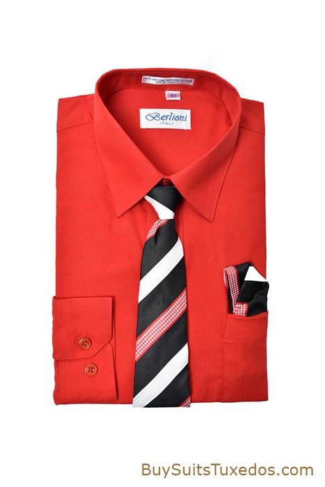 Elegant Red Boys Dress Shirt With Necktie & Handkerchief Set