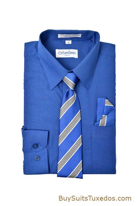 Elegant Royal Blue Boys Dress Shirt With Necktie & Handkerchief Set