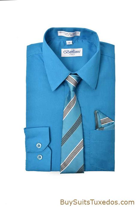 Elegant Turquoise Boys Dress Shirt With Necktie & Handkerchief Set