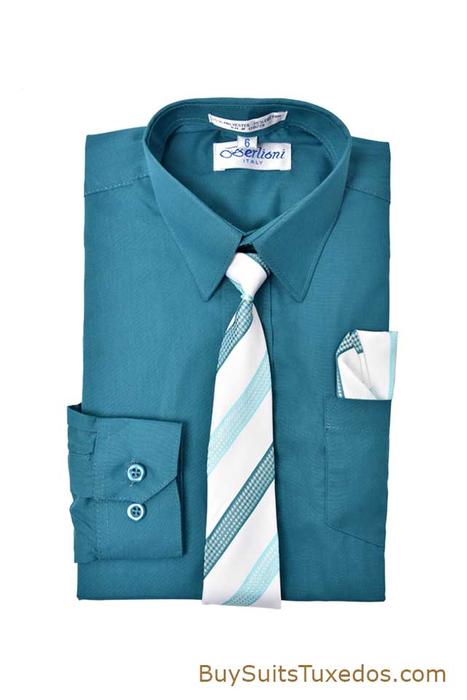 Elegant Teal Boys Dress Shirt With Necktie & Handkerchief Set