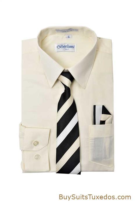 Elegant Off-White Boys Dress Shirt With Necktie & Handkerchief Set