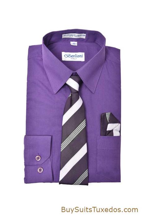 Elegant Purple Boys Dress Shirt With Necktie & Handkerchief Set