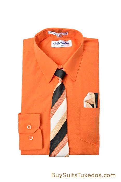 Elegant Orange Boys Dress Shirt With Necktie & Handkerchief Set