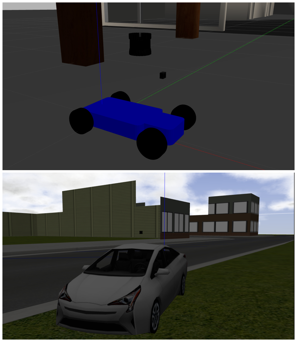 OS-1 ROS Gazebo Simulations with RC car (top) and Prius (bottom)
