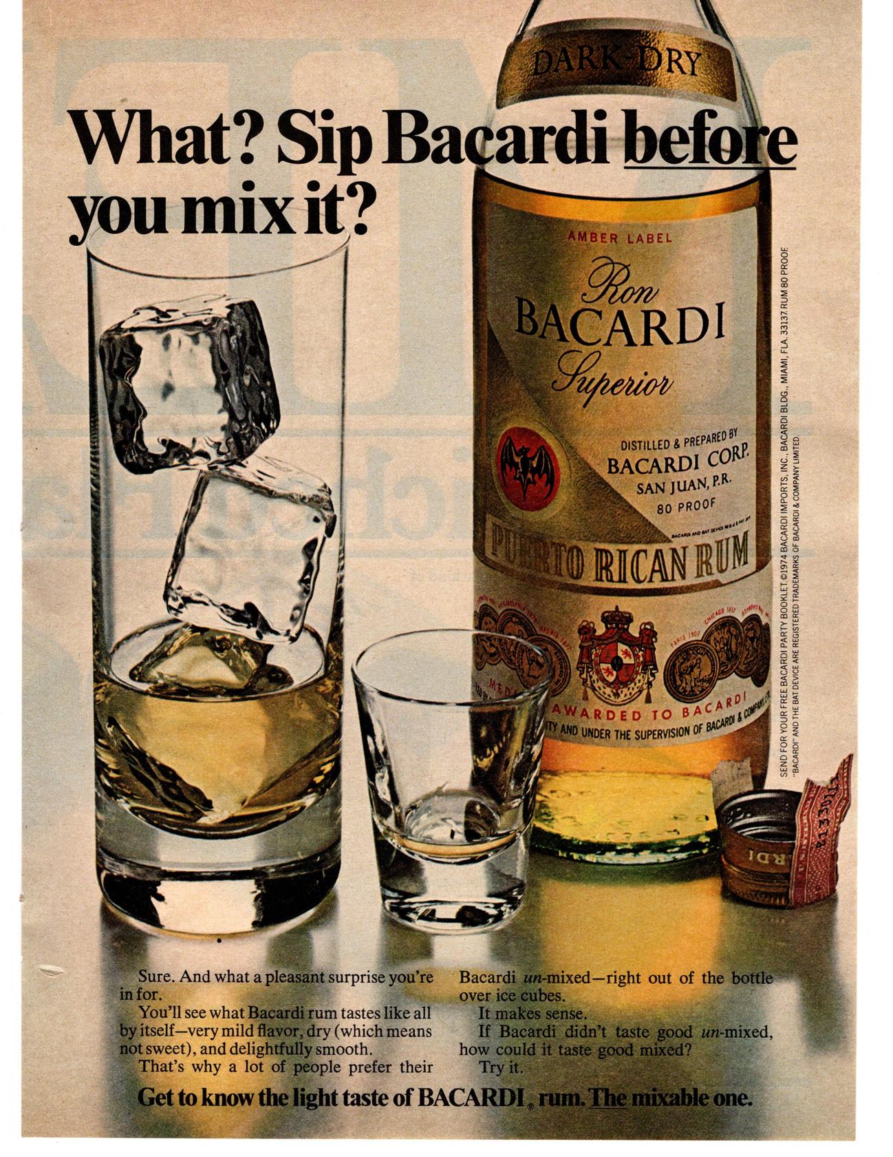 1976 Bacardi Puerto Rican Rum What Sip Bacardi Before You Mix It Print Ad Ebay In a beer mug the measurements i used was 2 shots rum, 2 shots schnapps, fill to 3/4 full with mojito mix then rest with sprite. ebay