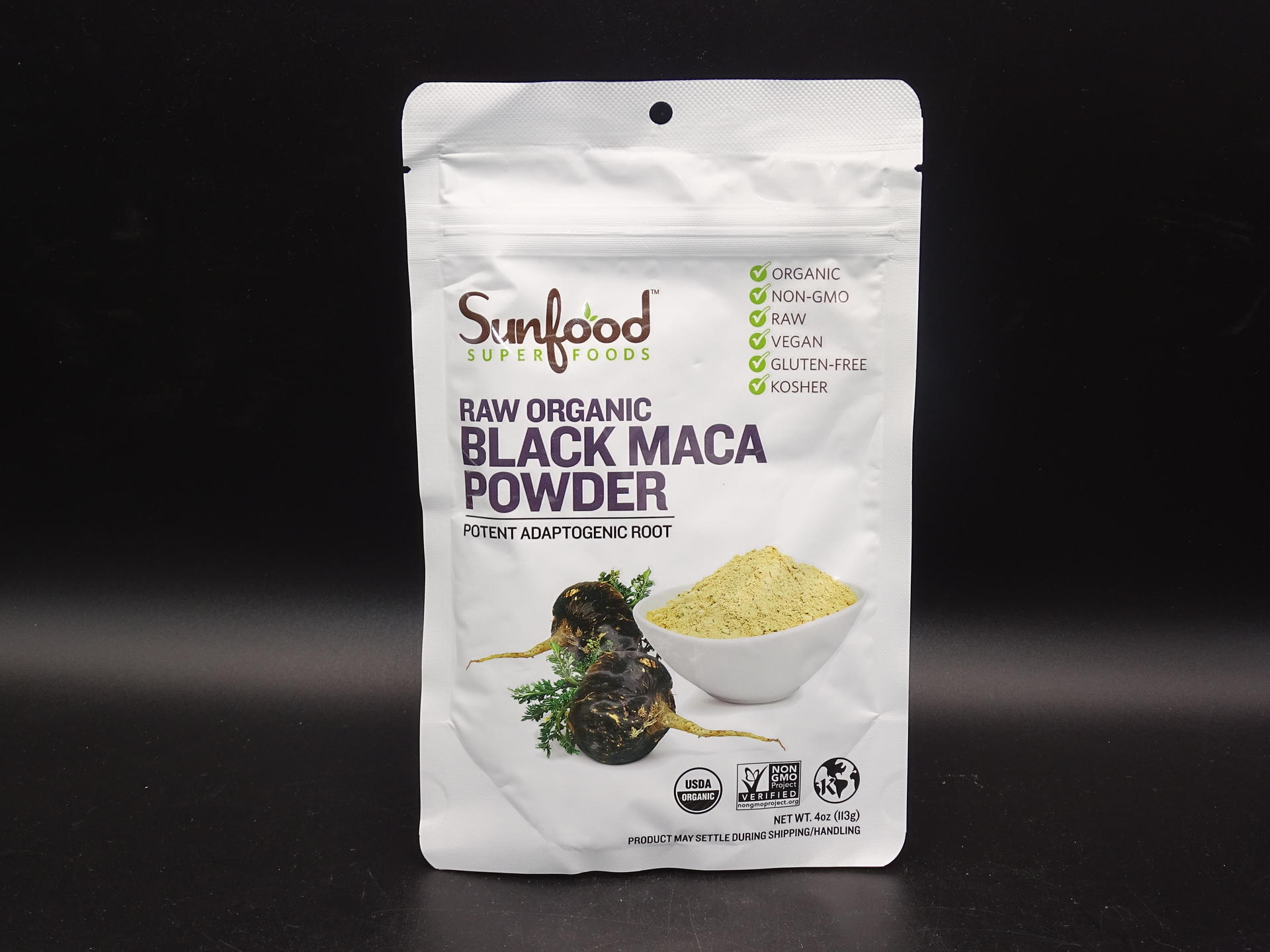 Sunfood Superfoods Black Maca Powder Raw, Organic. 4 oz Bag