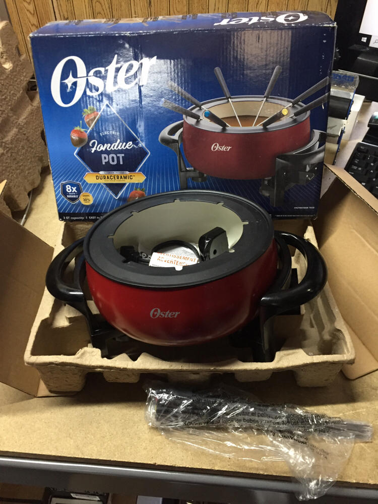 Oster Titanium Infused DuraCeramic Fondue Pot, 3 Quart, Eggshell/Red