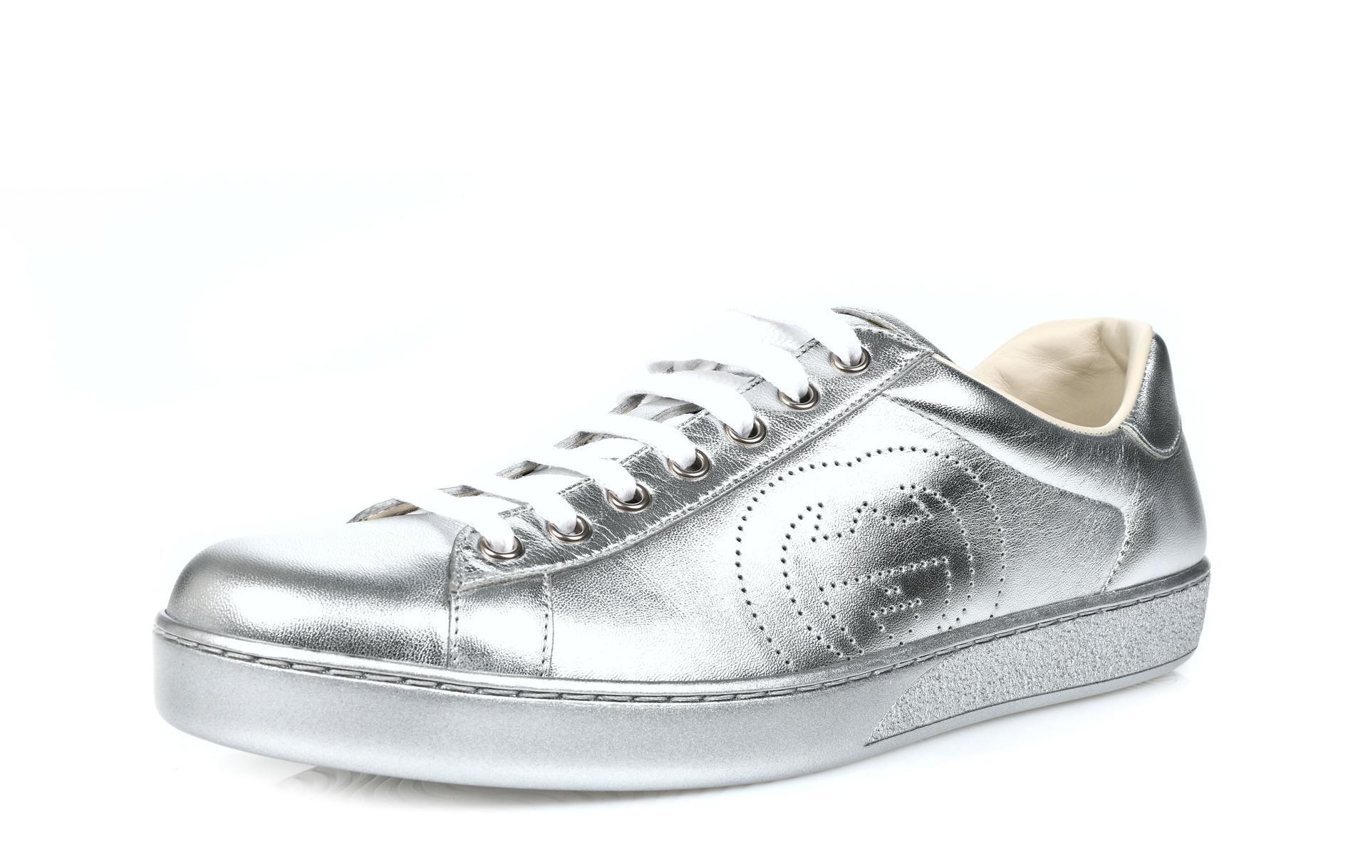 Gucci Mens Silver Ace Metallic Leather Sneakers Size 9G