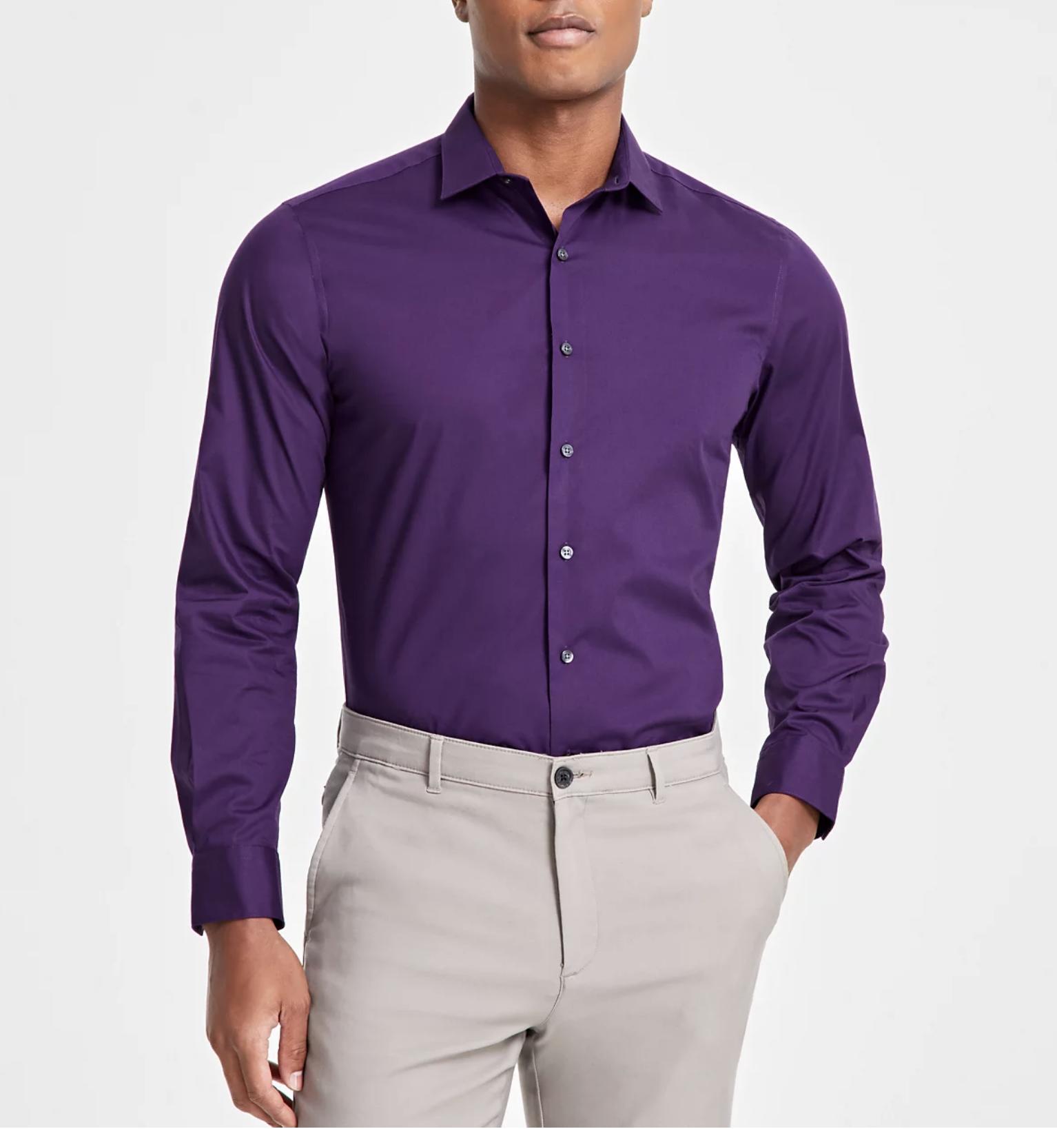 Alfani Men's Slim-Fit Solid Dress Shirt - Purple - Casual Shirts