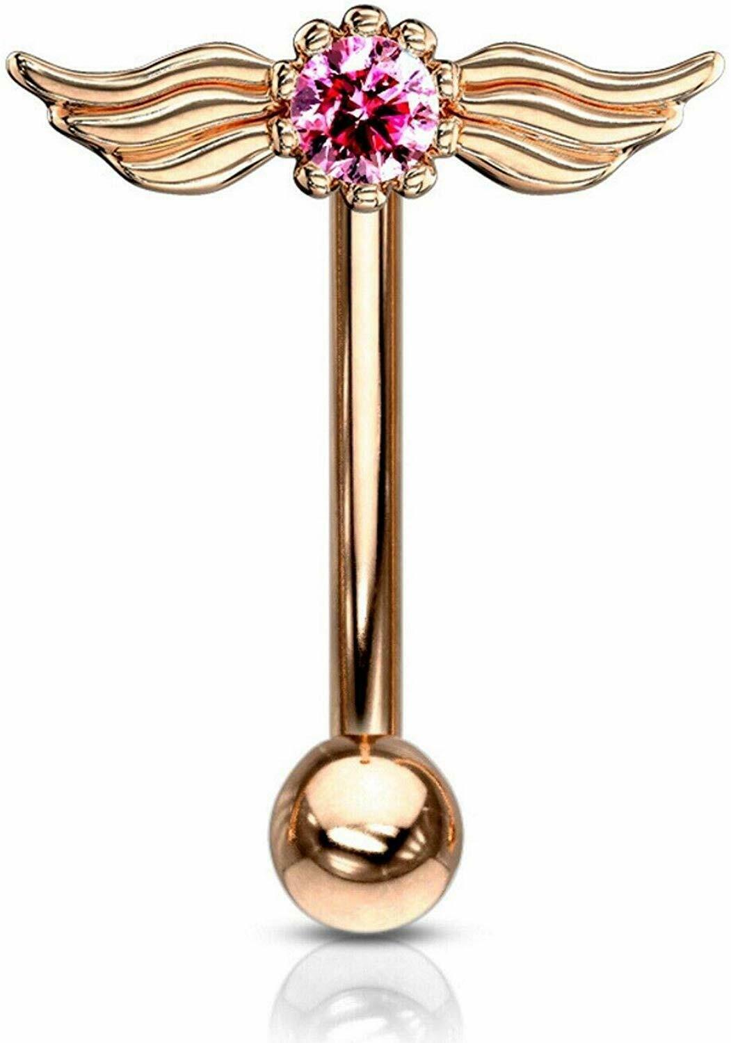 16GA Crystal Angel Wings Top 316L Surgical Steel Eyebrow Ring Curved Barbells