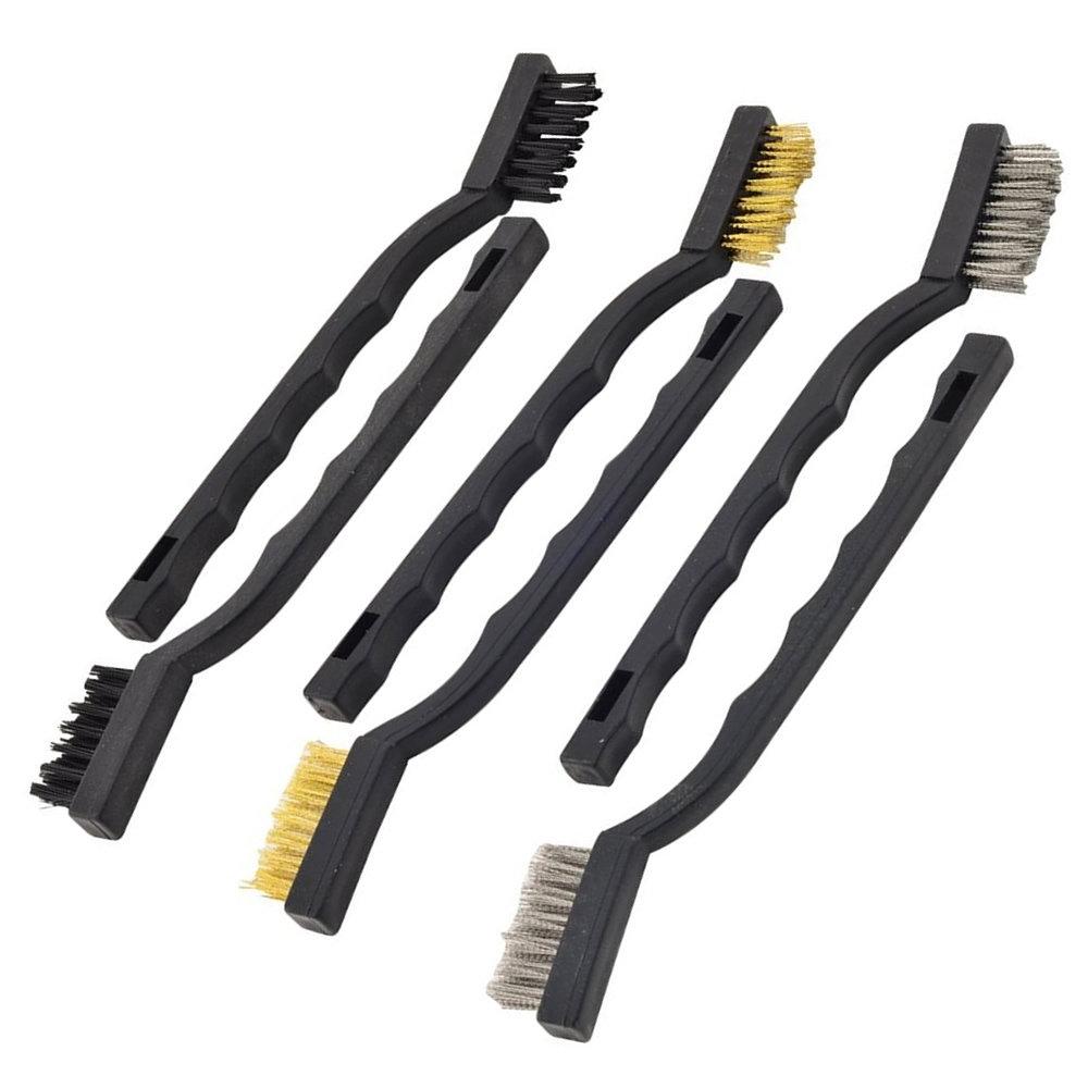 6 Pc Wire Brush Set Toothbrush Type Plastic Handle Brass Nylon And