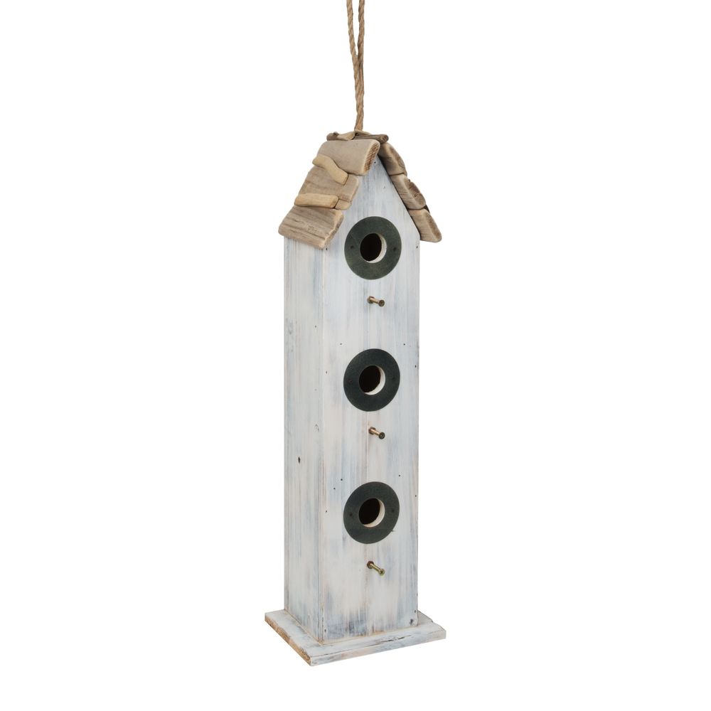 Wooden Driftwood Roof White Bird House Rope Hanger 3 x Perch Opening 60cm