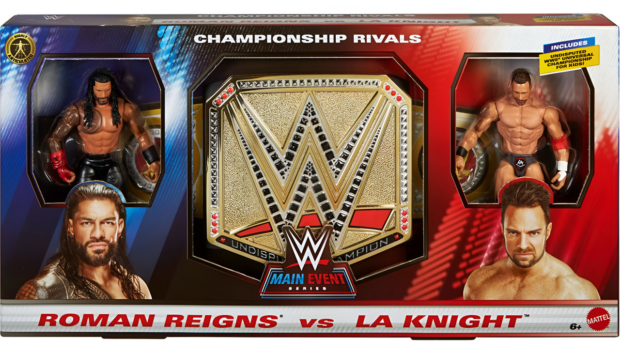 WWE Roman Reigns vs LA Knight Action Figure and Undisputed Champion Belt Bundle