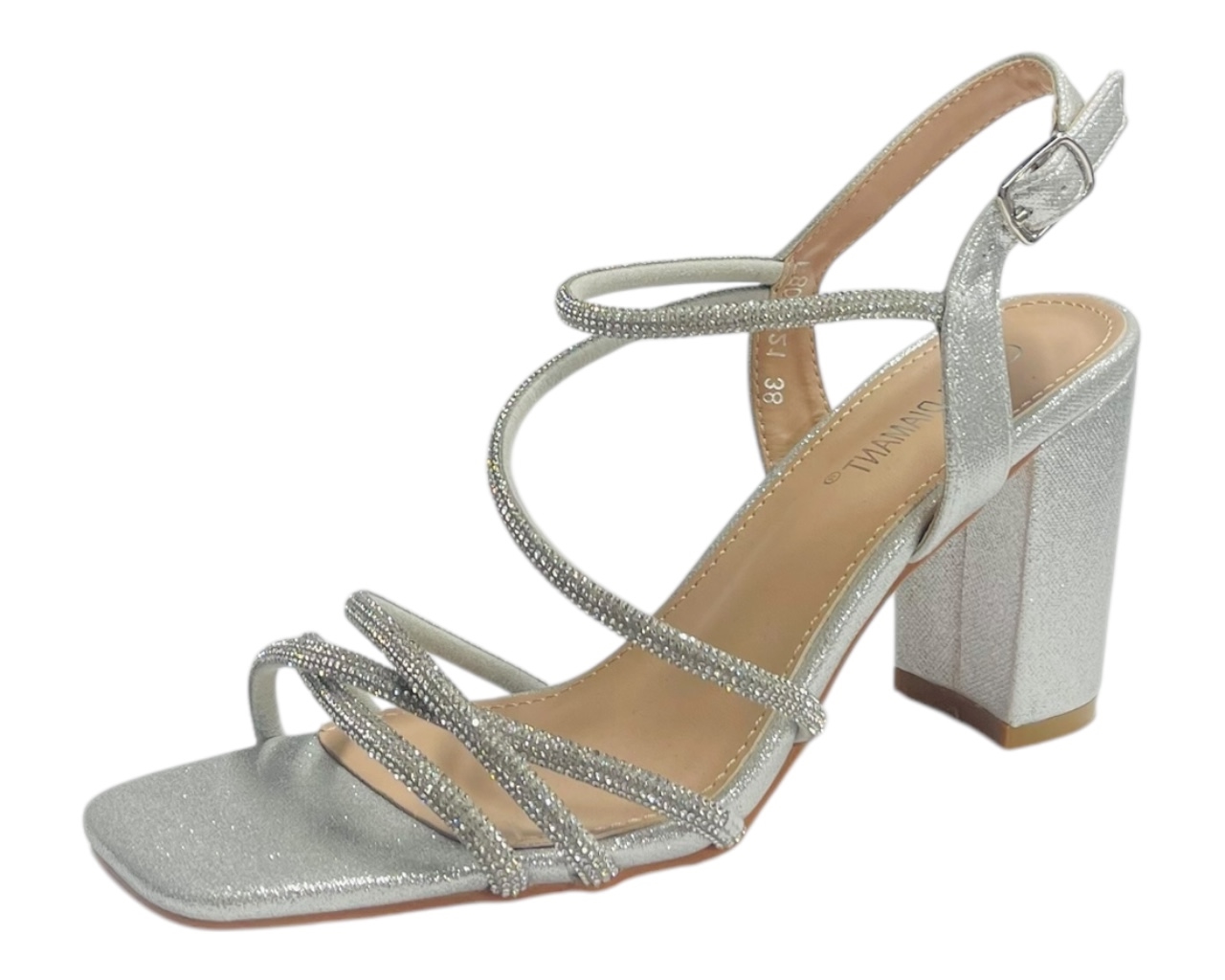 Women's Diamante Glitter Ankle Strap Wedding Prom Party Block Heel Outing Shoes - Picture 20 of 21