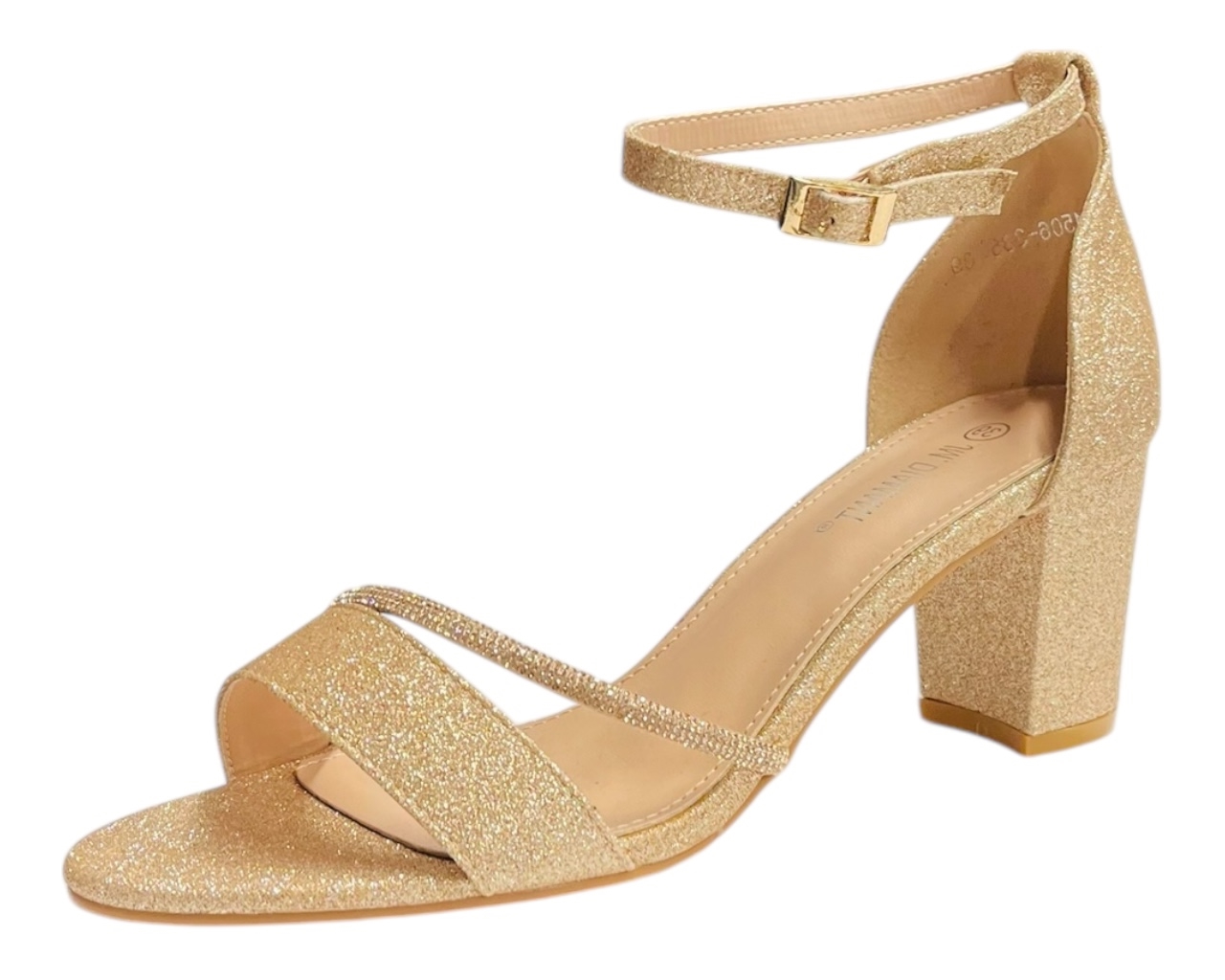Women's Glitter Ankle Strap Block Heel Wedding Party Diamante Going Out Shoes - Picture 10 of 16