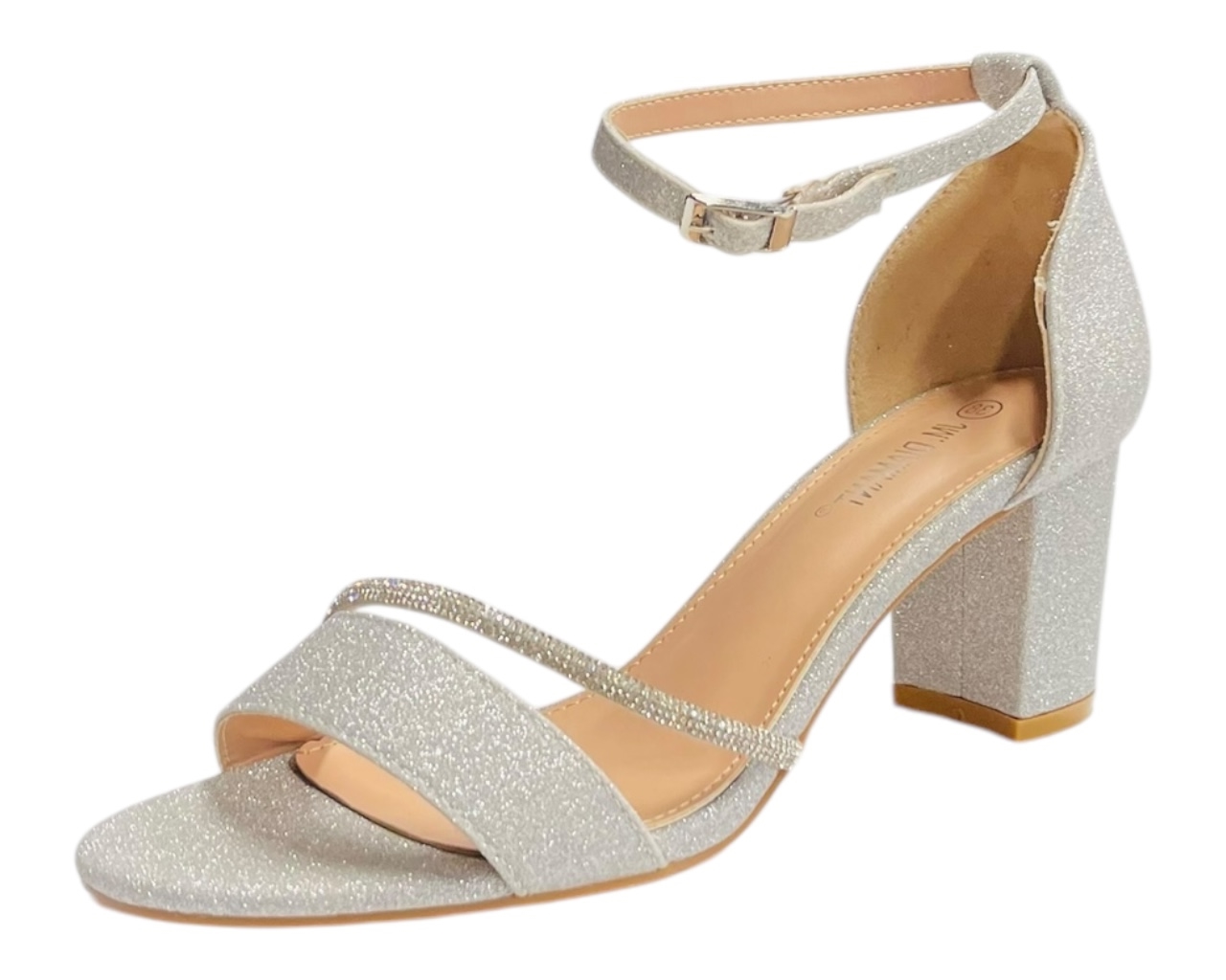 Women's Glitter Ankle Strap Block Heel Wedding Party Diamante Going Out Shoes - Picture 16 of 16