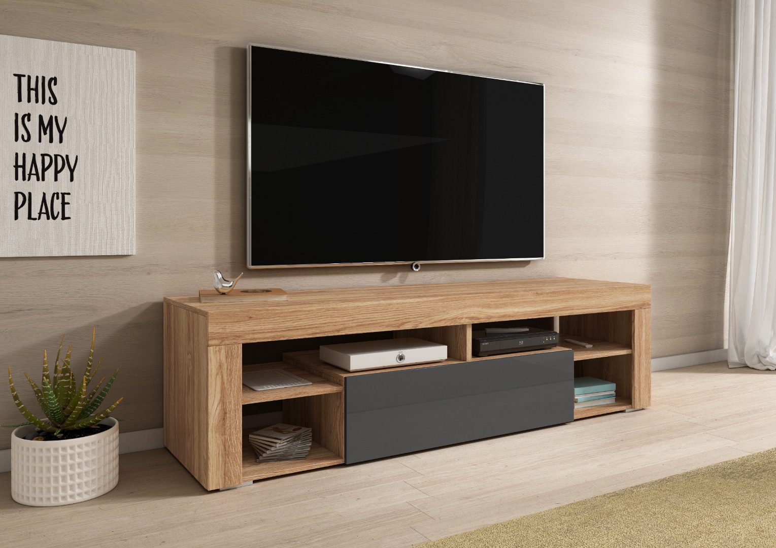 E Com Meuble Tv Titan 140 Cm Wotan Chene Et Gris Brillant Vente De Meuble Tv Conforama
