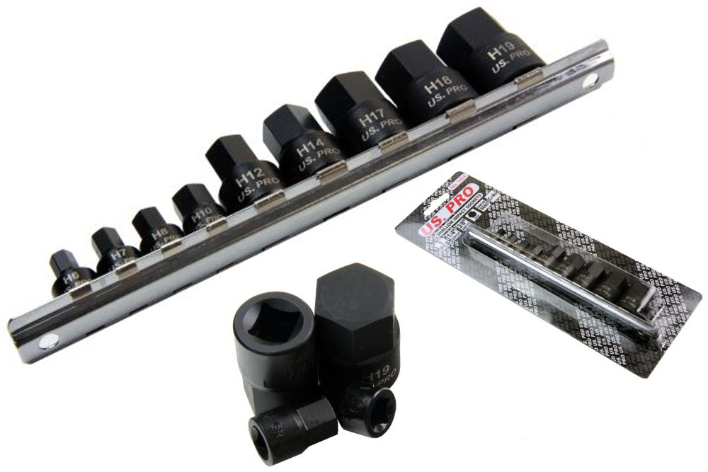 US PRO Tools 9pc 1/4'' 3/8'' dr Stubby Impact Hex Allen Key Bit Sockets