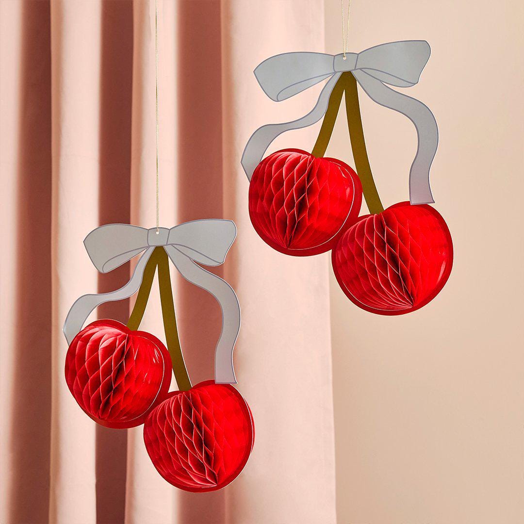Cherry Honeycomb Decorations | Pair of Vintage Tissue Paper Hanging Cherries