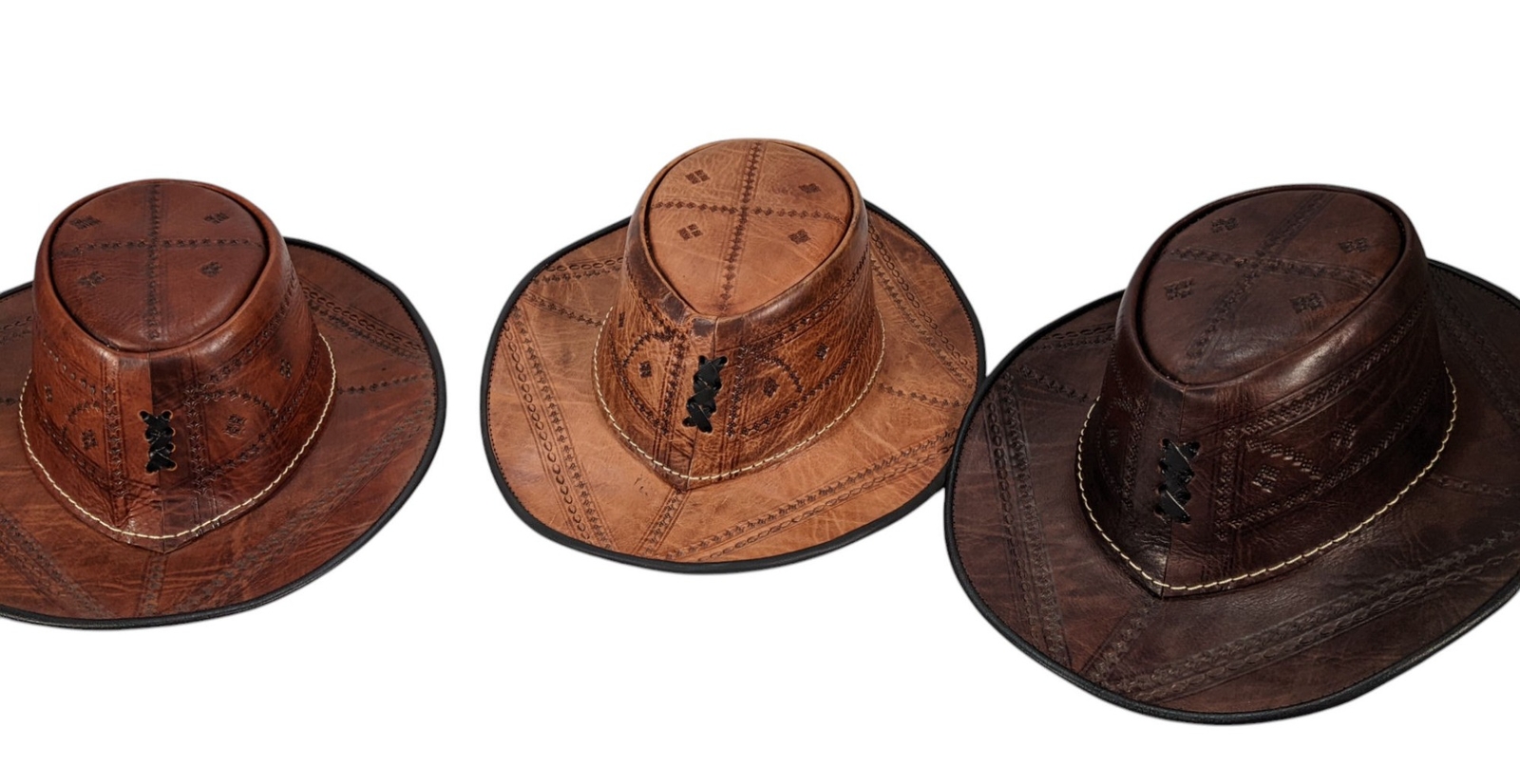 Handmade 100% Moroccan Tooled Leather Fedora Hat 3 Colours