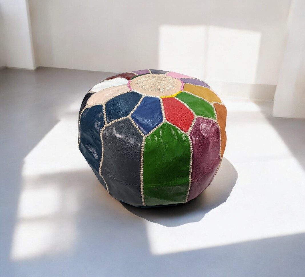Moroccan Leather Pouffe Multicolour Large 40cm Fair Trade