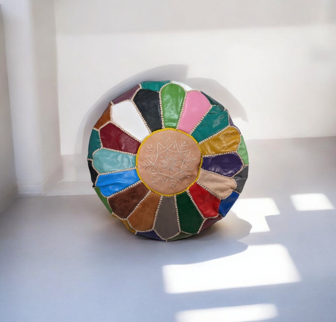 Moroccan Leather Pouffe Multicolour Large 40cm Fair Trade