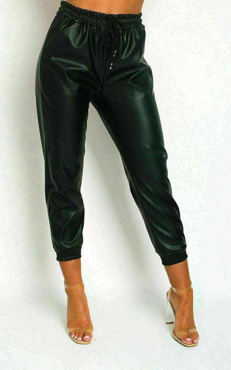 NUOVO Donna Effetto Bagnato PU PVC con coulisse in Finta pelle look pantaloni  donna Pantaloni Sportivi | eBay