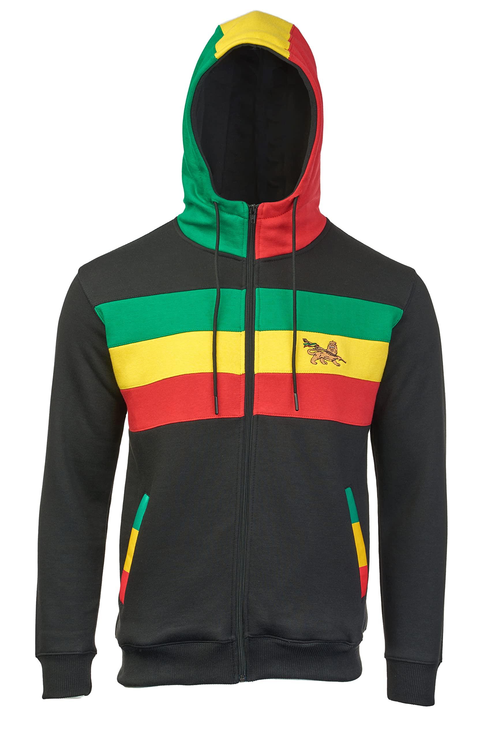 Felpa con cappuccio Rasta Reggae con cerniera nei colori rasta di CRAZY Lizard. Ricamo leone rasta. - Foto 21 di 62