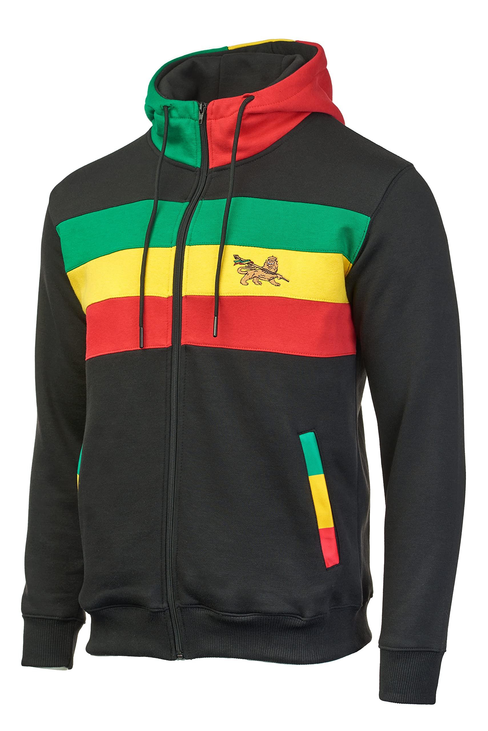 Felpa con cappuccio Rasta Reggae con cerniera nei colori rasta di CRAZY Lizard. Ricamo leone rasta. - Foto 19 di 62