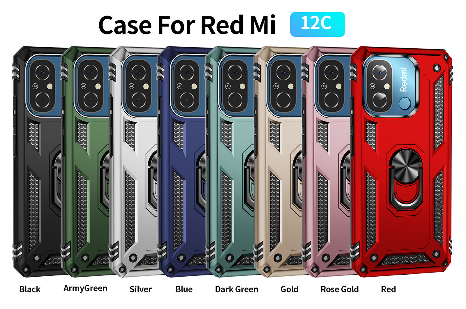 YKNIUFLY Custodia Per Xiaomi Redmi 12C Con Supporto Ad Anello – Cover Robusta Antiurto, Protezione Fotocamera, Colore Oro, Ultrasottile