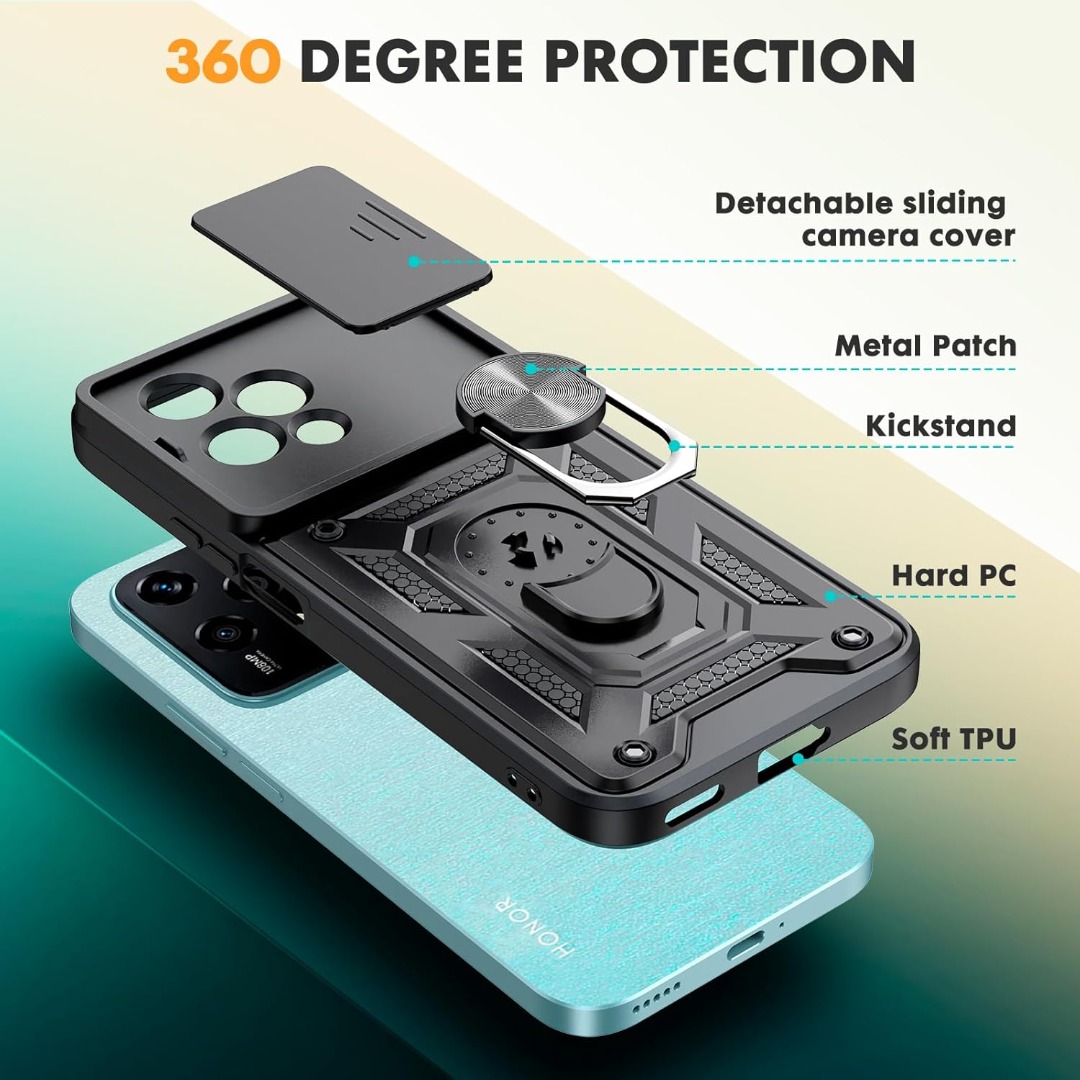 Custodia Magnetica Per Honor 90 Lite – Cover Rigida Con Anello Metallico E Supporto Auto – Antiurto Nero