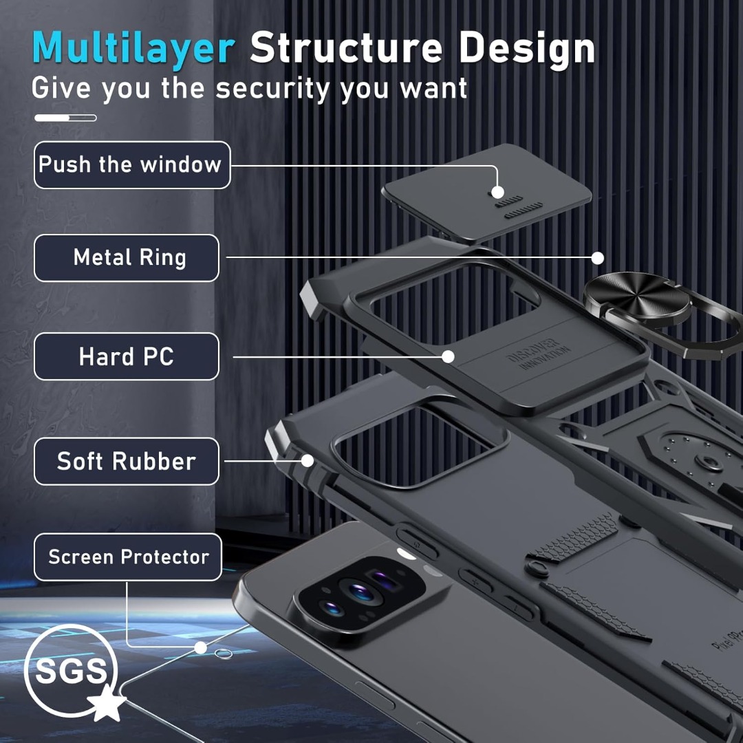 Custodia Con Protezione Fotocamera Scorrevole Per Google Pixel 9 / 9 Pro - Cover Antiurdo Con Anello Portacarte Girevole E Supporto Magnetico, Silicone + PC, 2 Pellicole Incluse