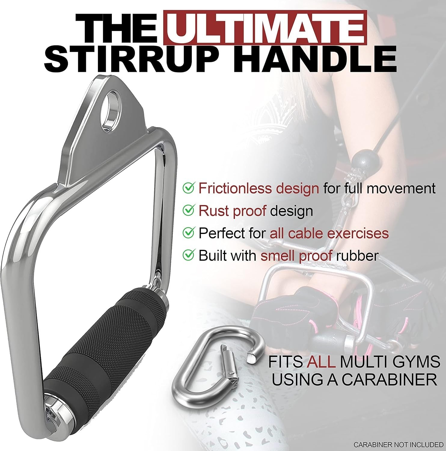 Stirrup Gym Single D Handle + Carabiner Cable Fly Attachment Gym Weight Lifting