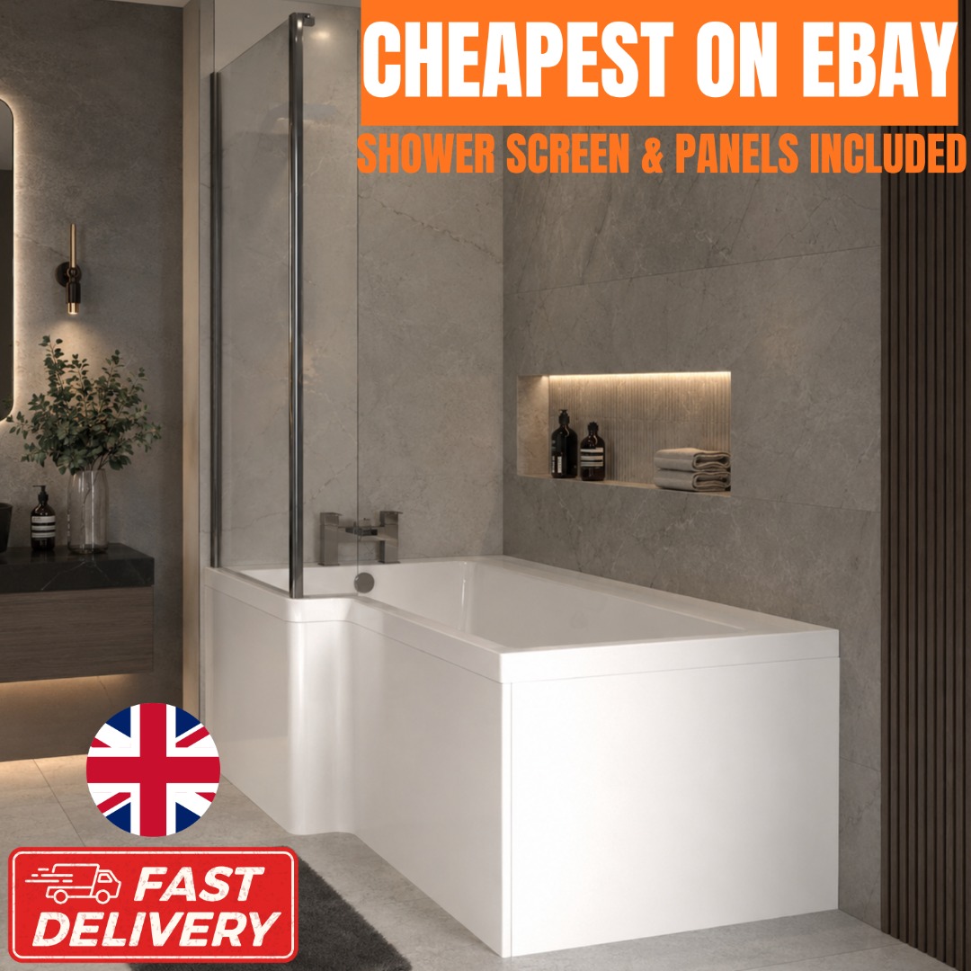 1700mm Left or Right Hand L Shaped Shower Bath Tub Shower Screen Panel INCLUDED