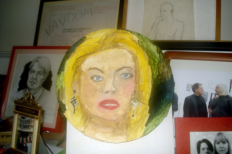 A crowded nook in my apartment, now dominated by "Blake" (2009), by one of my favorte painters Rachel Kaye.