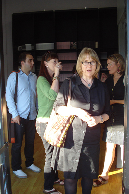 Dodie Bellamy in the doorway at the PRB. Behind her are Joseph Mosconi, that redheaded woman we met in Boulder but forget her name, she's lovely, and on the right, K. Lorraine Graham.