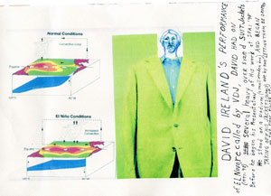 Veronica De Jesus, David Ireland’s Performance of El Nino, 1998; recalled by VDJ 2009; construction paper, digital scan of a line drawing, my hand written text and 2 images found on the internet (one jacket, and one diagram of el nino 1997-98)