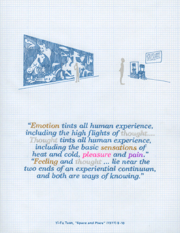 emotion tints all human experience, including the high flights of thought.... thought tints all human experience, including the basic sensations of heat and cold, pleasure and pain. feeling and thought are an experiential continuum, and both are ways of knowing. yi-fu tuan. space and place.
