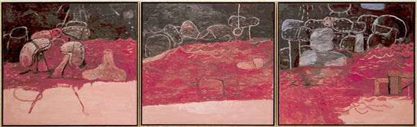 Philip Guston, _Red Sea; The Swell; Blue Light_, 1975; Collection SFMOMA, Purchase through the Helen Crocker Russell and William H. and Ethel W. Crocker Family Funds, the Mrs. Ferdinand C. Smith Fund, and the Paul L. Wattis Special Fund; © Estate of Philip Guston