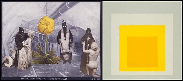 left: Georges Hugnet, Initiation préliminaire aux arcanes de la forêt (First Initiation to the Secrets of the Forest), 1936; Collection SFMOMA, Purchase through a gift of Dr. and Mrs. Allan Roos, © Georges Hugnet / Artists Rights Society (ARS), New York / ADAGP, Paris right: Josef Albers, Study for Homage to the Square: In May, 1960; Collection SFMOMA, Gift of Mr. and Mrs. William C. Janss, © The Josef and Anni Albers Foundation / Artists Rights Society (ARS), New York
