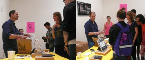 John Herschend explains James Franco's switchblade knife to a crowd.