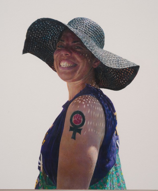 Andrea Bowers Woman With Straw Hat and Feminist Fist Tattoo (May Day March, Los Angeles, 2011)