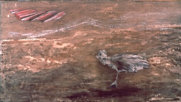 Morris Graves, Bird Maddened by the Sound of Machinery in the Air, 1944; watercolor on rice paper, 32 5/8 in. x 59 3/8 in. (82.87 cm x 150.81 cm); Collection SFMOMA, Anonymous gift; © Morris Graves Foundation Morris Graves, Bird Maddened by the Sound of Machinery in the Air, 1944