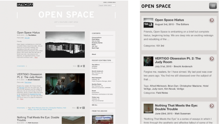 Previous designs of Open Space website: desktop version (left) and mobile version (right).
