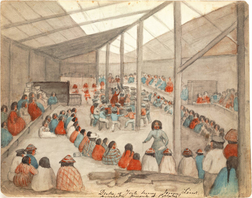 Watercolor by James G. Swan depicting the Klallam people of chief Chetzemoka at Port Townsend, with one of Chetzemoka's wives distributing potlatch.