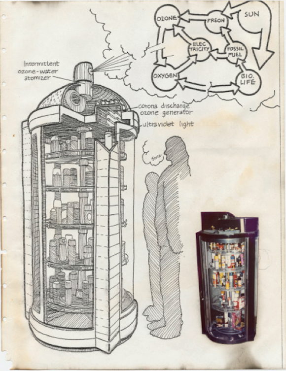 Ant Farm: Aerosol Arsenal (Time Capsule scrapbook page), c. 1975; color photograph on photocopy; 11 x 8 1/2 in.; University of California, Berkeley Art Museum and Pacific Film Archive; purchase made possible through a bequest of Thérèse Bonney by exchange, a partial gift of Chip Lord and Curtis Schreier, and gifts from an anonymous donor and Harrison Fraker. 2005.14.278.4 Ant Farm: Aerosol Arsenal (Time Capsule scrapbook page), c. 1975. Image courtesy: UC Berkeley Art Museum and Pacific Film Archive.