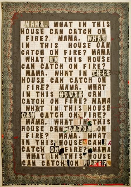Amy Meissner, Spontaneous Combustion, 2013; wool, cotton, vintage domestic linens. Machine pieced, hand embroidered & appliquéd, hand quilted, 57 in. x 77 in. Permanent Collection, Anchorage Museum at Rasmuson Center. Juror’s Choice Award, "Earth, Fire & Fibre XXIX" biennial exhibition, Anchorage Museum.