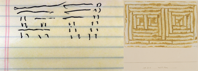 Left: Coin results (I Ching) for Angela, Arthur Paul David White, 2016, ink on yellow notebook paper; Right: Paul Klee, Nachbar-türen (Neighboring Doors), 1933; colored paste and graphite on paper mounted on board, 12 1/2 in. x 13 1/8 in. (31.75 cm x 33.34 cm); Collection SFMOMA, Gift of the Djerassi Art Trust Left: Coin results (I Ching) for Angela, Arthur Paul David White, 2016, ink on yellow notebook paper; Right:Paul Klee, Nachbar-türen (Neighboring Doors), 1933